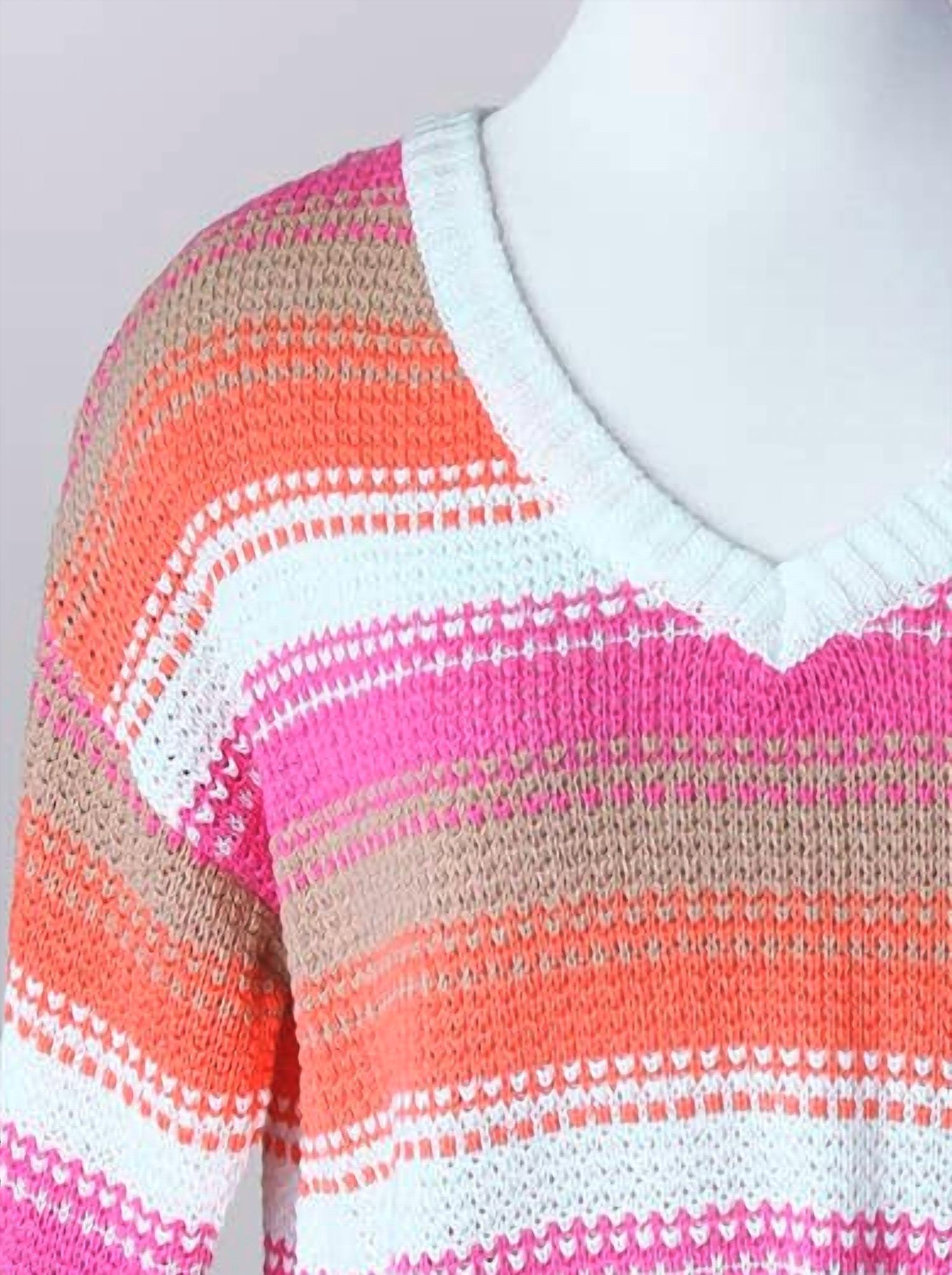 Keren Hart - Women's Knit V-neck Striped Sweater