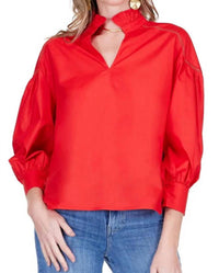 Jade Split Stand Collar Trim Top in red - women's t-shirt