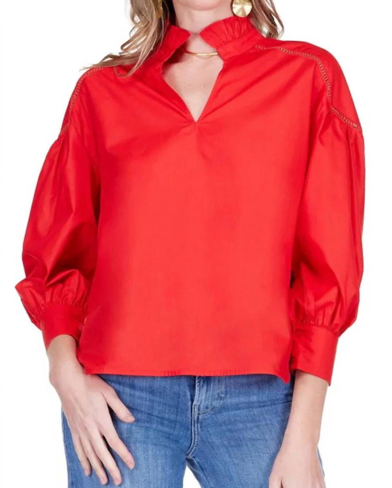 Jade Split Stand Collar Trim Top in red - women's t-shirt