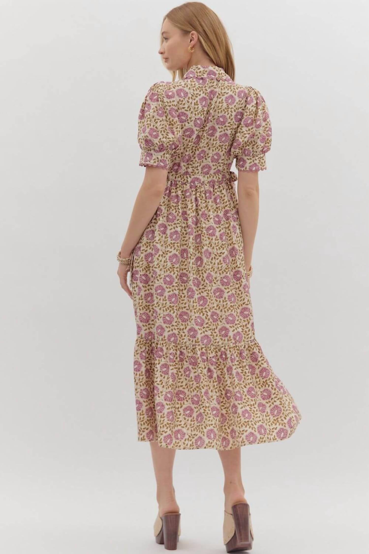Entro - Button Front Scallop Trim Midi Dress