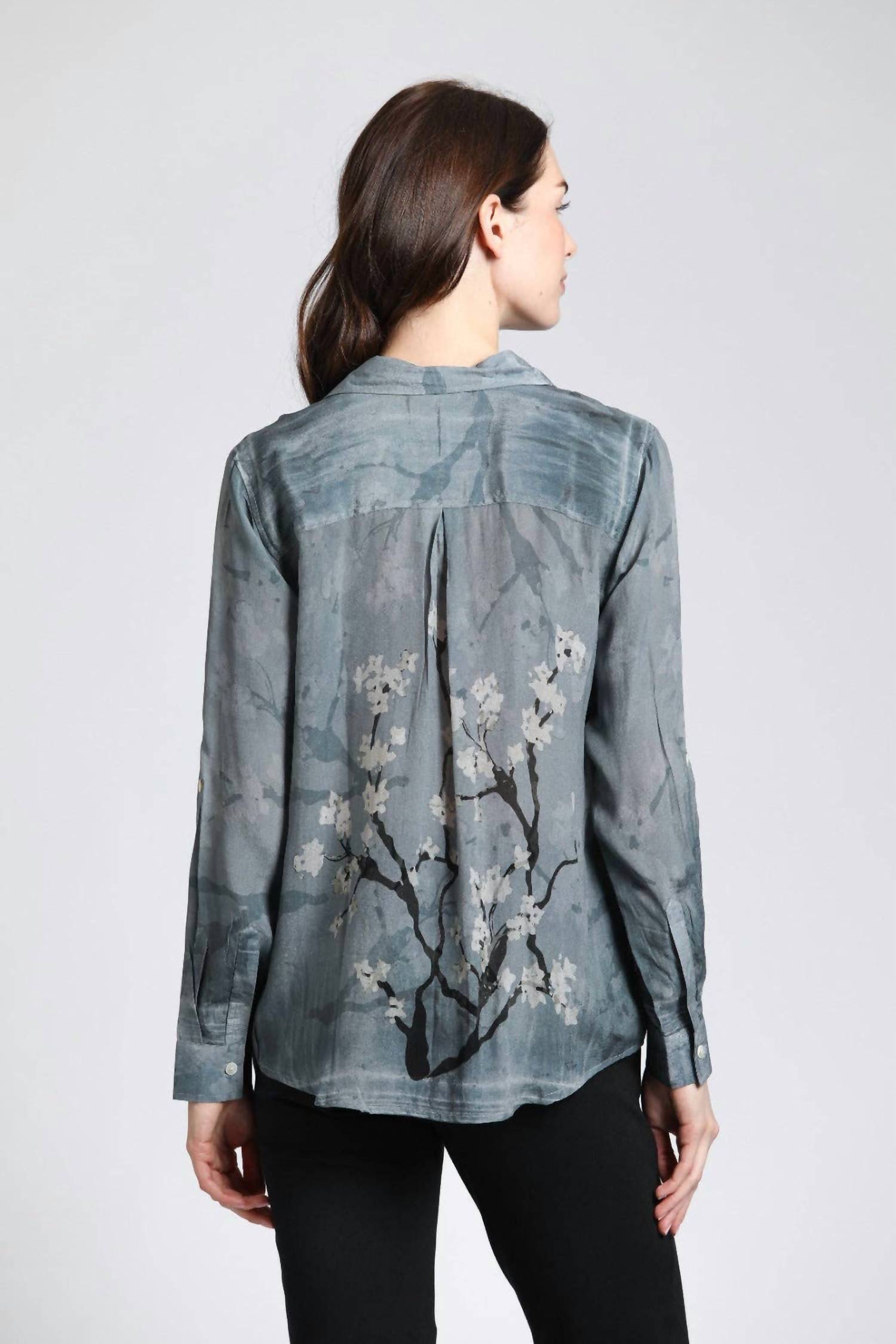 APNY Blossom Print Button Up With Roll Sleeve Shirt in graphite plum - women's shirt - alternate view
