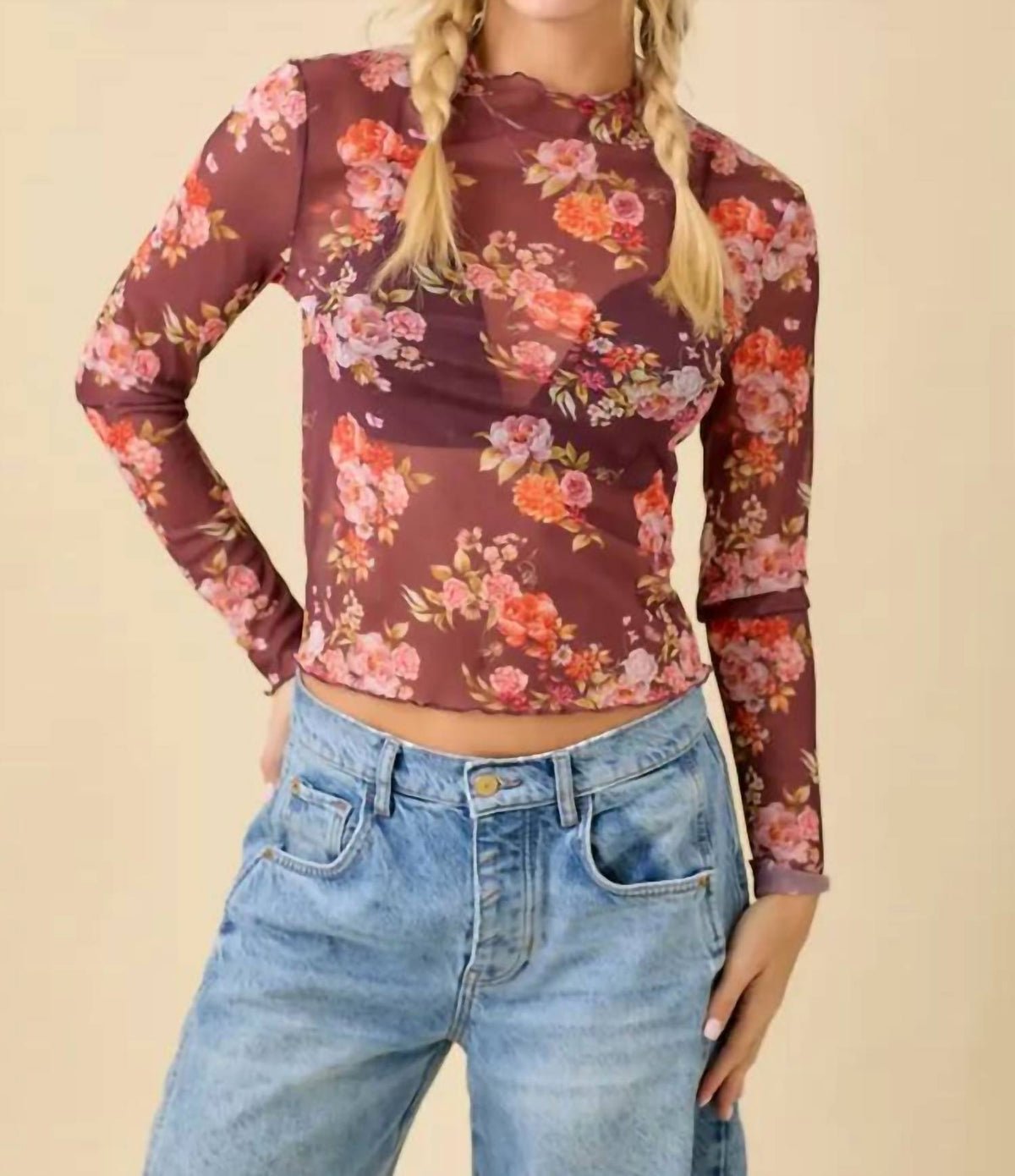 Main Strip - Floral Printed Long Sleeve Mesh Top