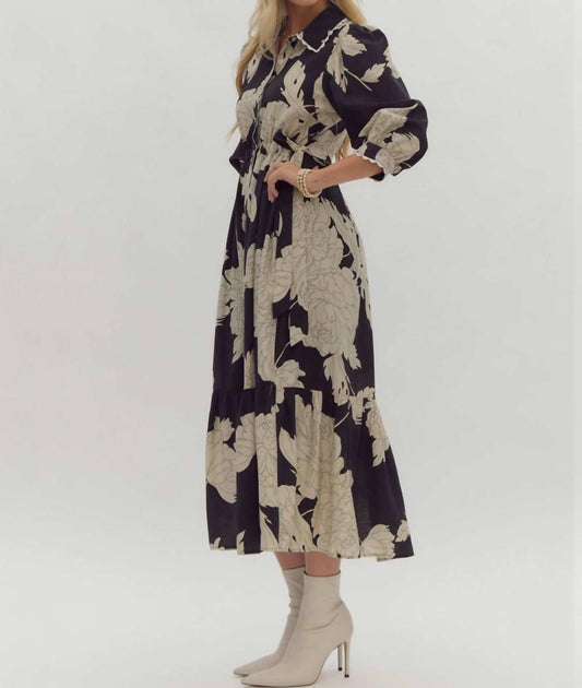 Entro - Floral Print Collared Midi Dress