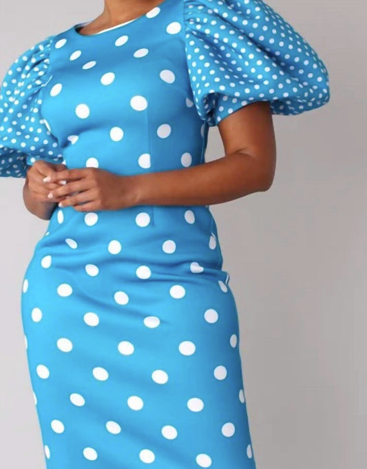 For Her Nyc - Puff Sleeves Polka Dot Midi Dress