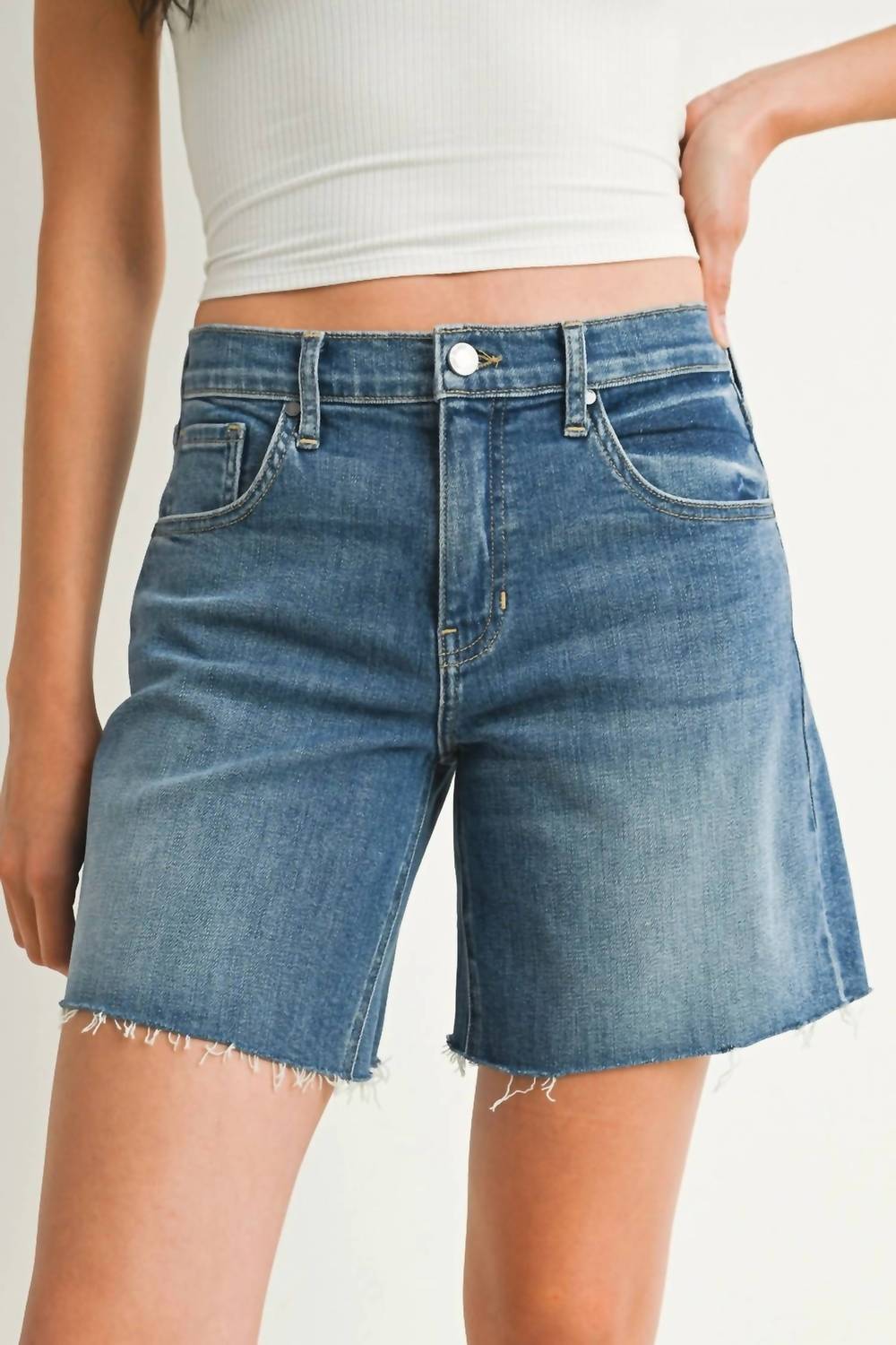 JUST BLACK DENIM Mid Rise Bermuda Shorts in medium denim - women's shorts