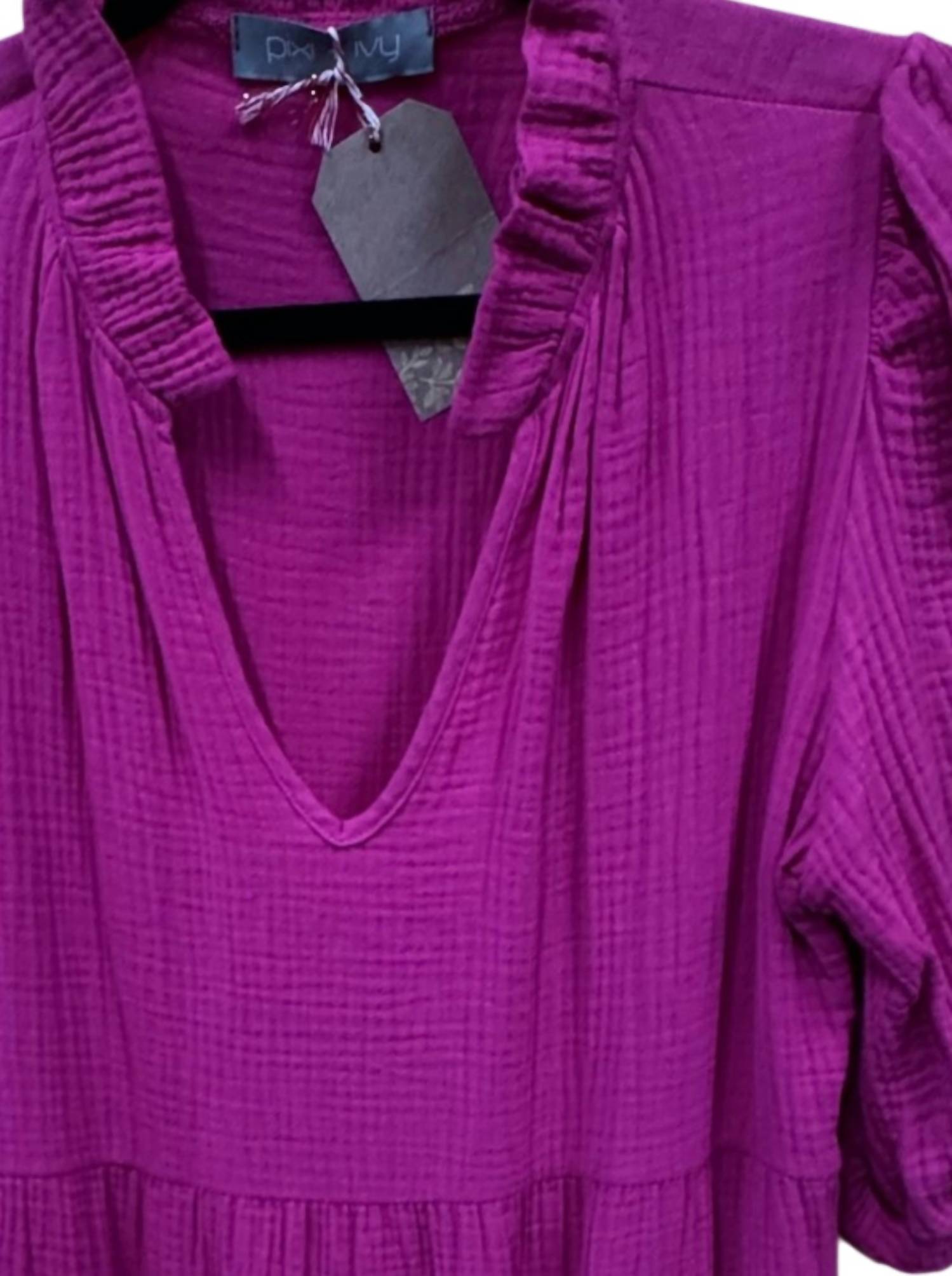 Pixi + Ivy Women's Crinkle Ruffle Neck Dress in fuchsia - women's dress - detail view