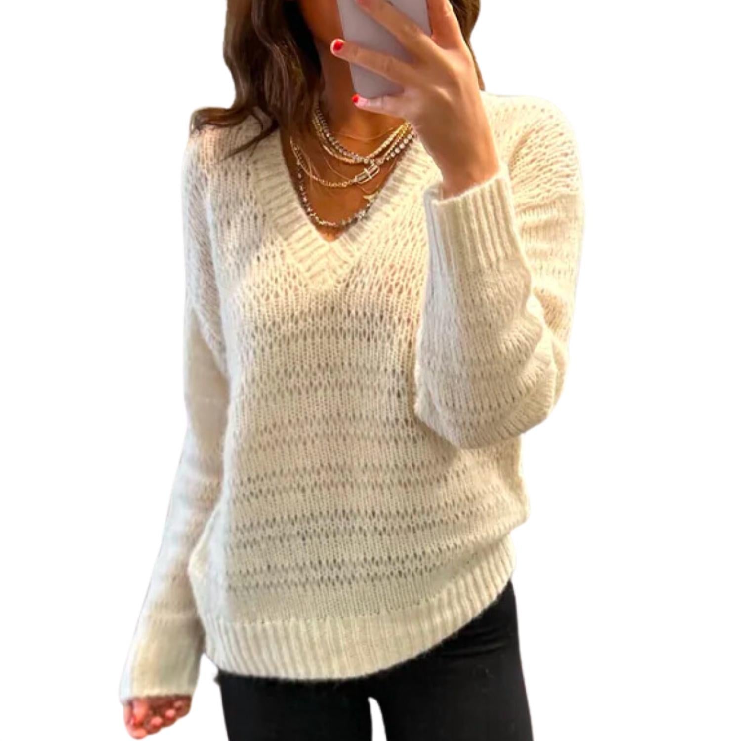 Naadam - Women's Alpaca Blend Open Stitch V Neck Top