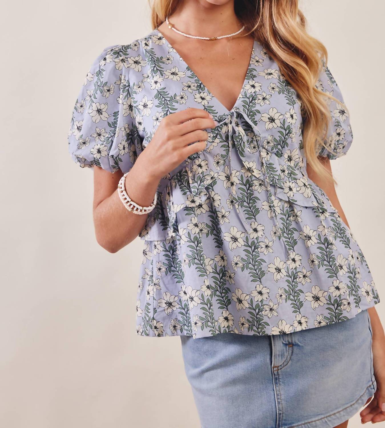 Listicle - Floral Puff Sleeve Lined Blouse