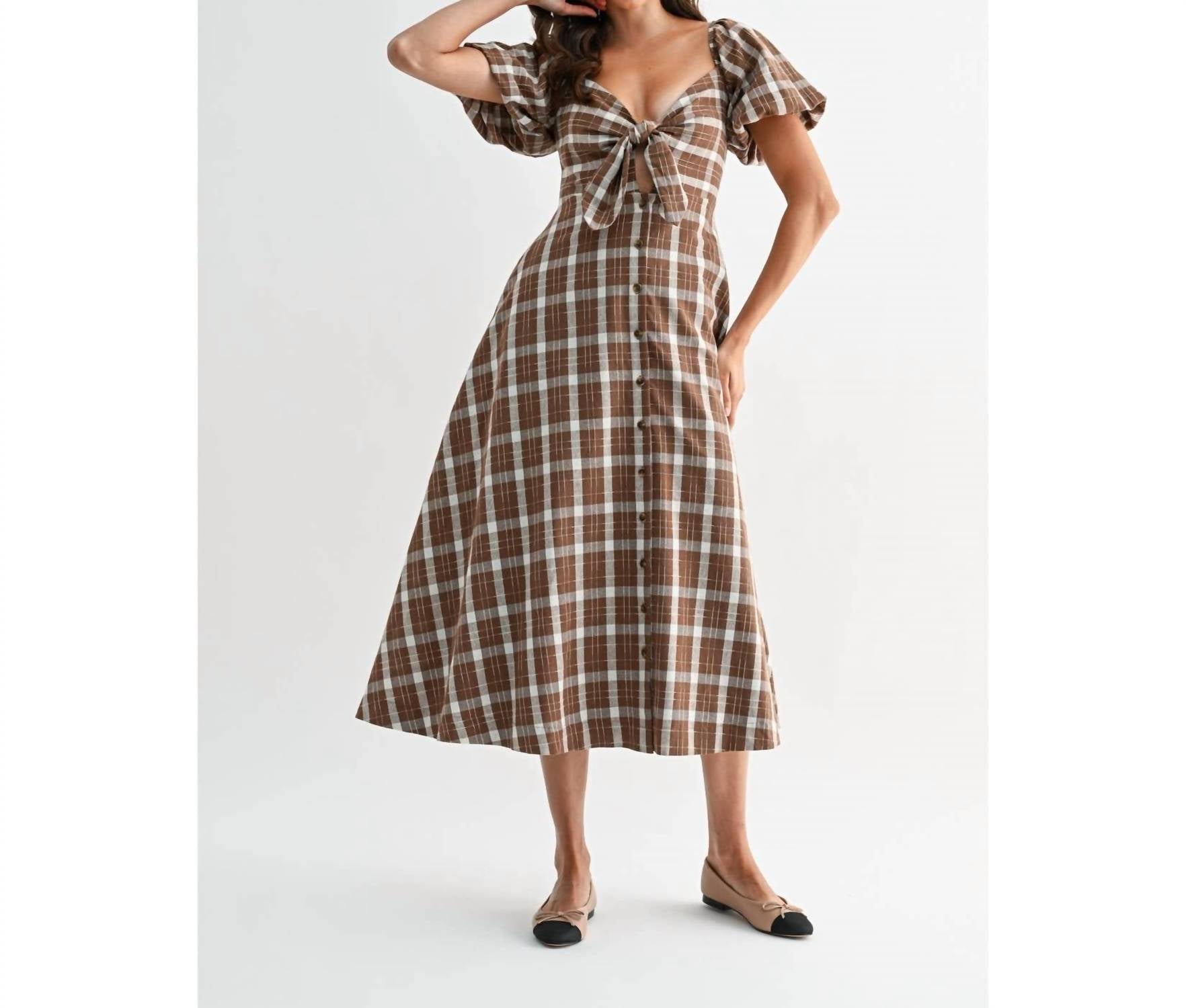 Camellia - Jori Plaid Tie Front Midi Dress
