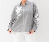 Karen Kane - Long Sleeve Stripe Embroidered Shirt - Plus Size