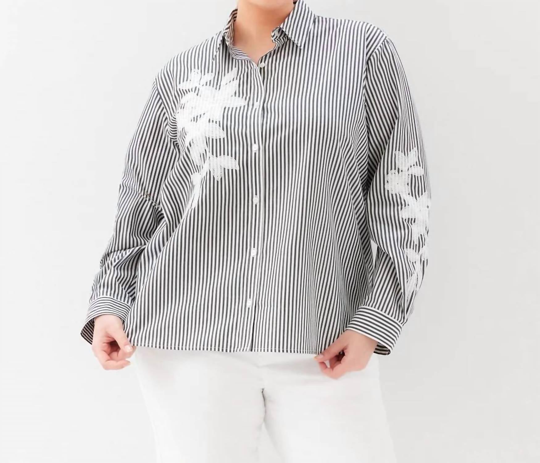 Karen Kane - Long Sleeve Stripe Embroidered Shirt - Plus Size