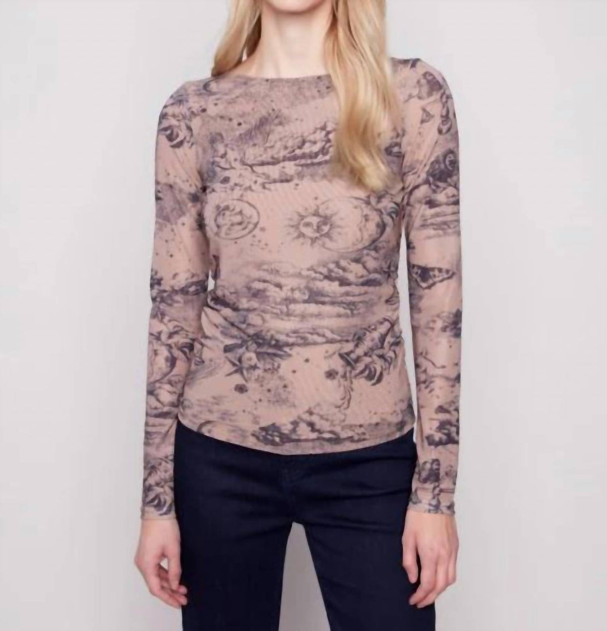 Charlie B - Astrology Print Mesh Long Sleeve Top