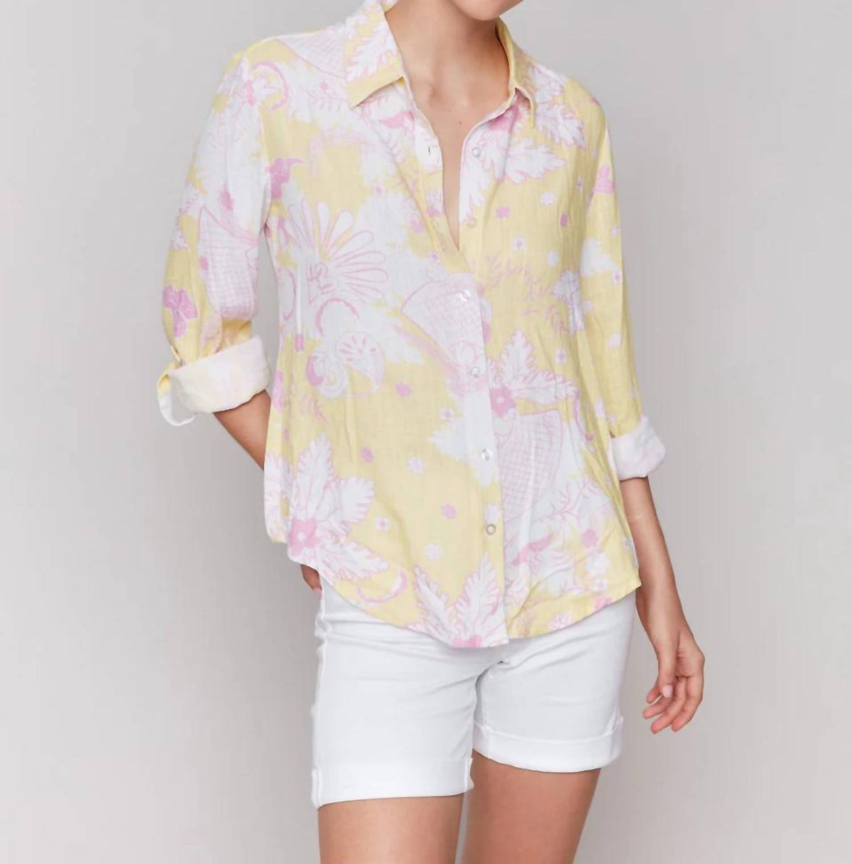 Charlie B - Button Front Top With Tab Sleeve