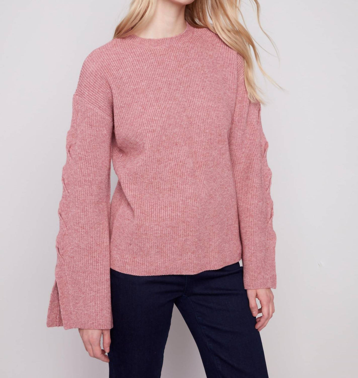 Charlie B - Crew Neck Sweater With Cable Sleeves
