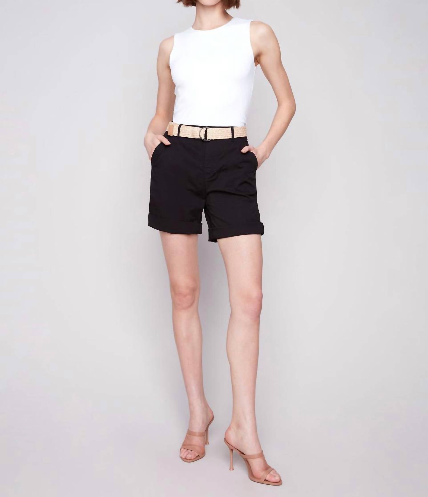 Charlie B - Cuffed Shorts With Belt - black - clothing - cotton - blend