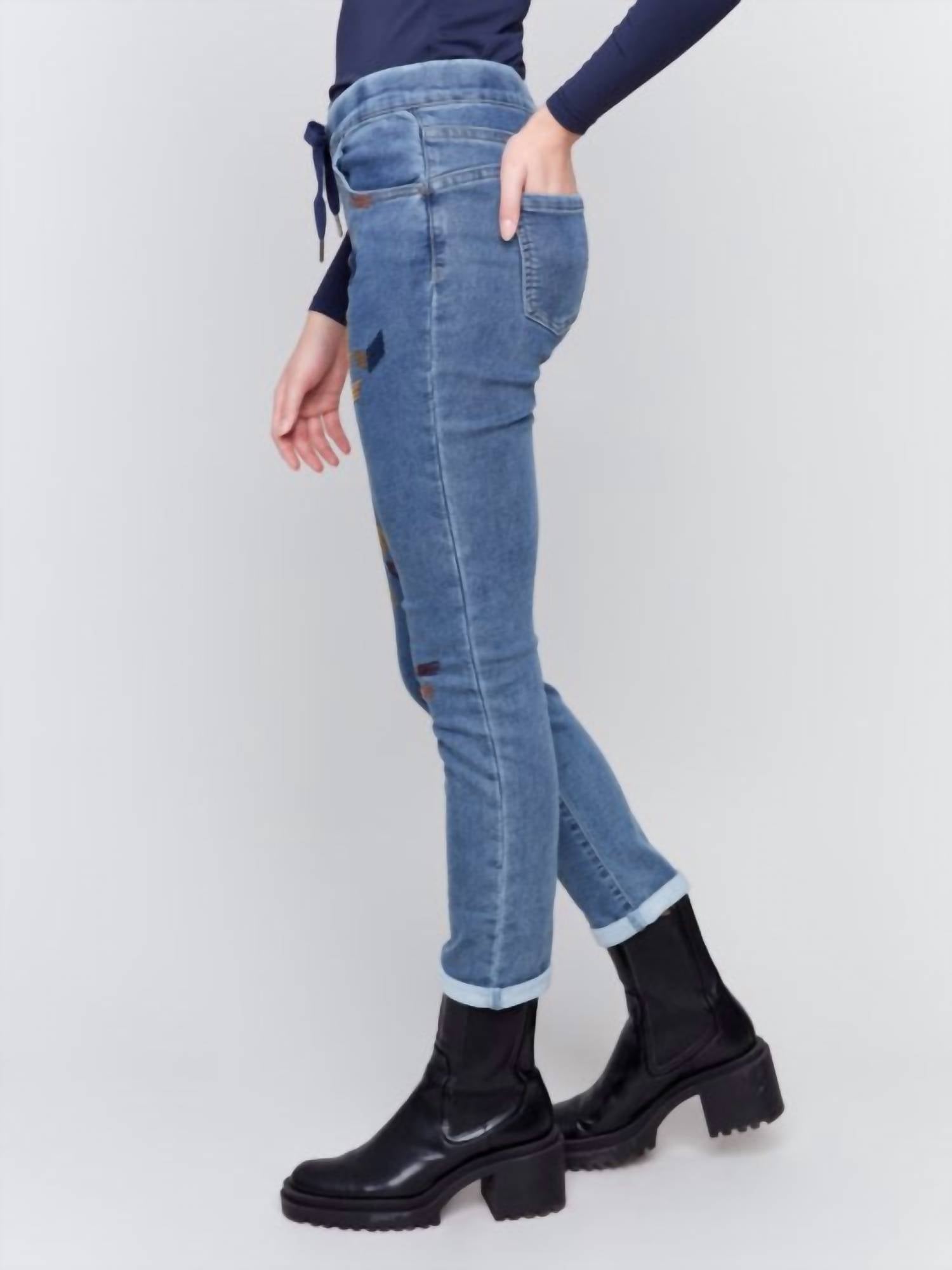 Charlie B - Embroidered Denim Joggers - blue - clothing - cotton - blend