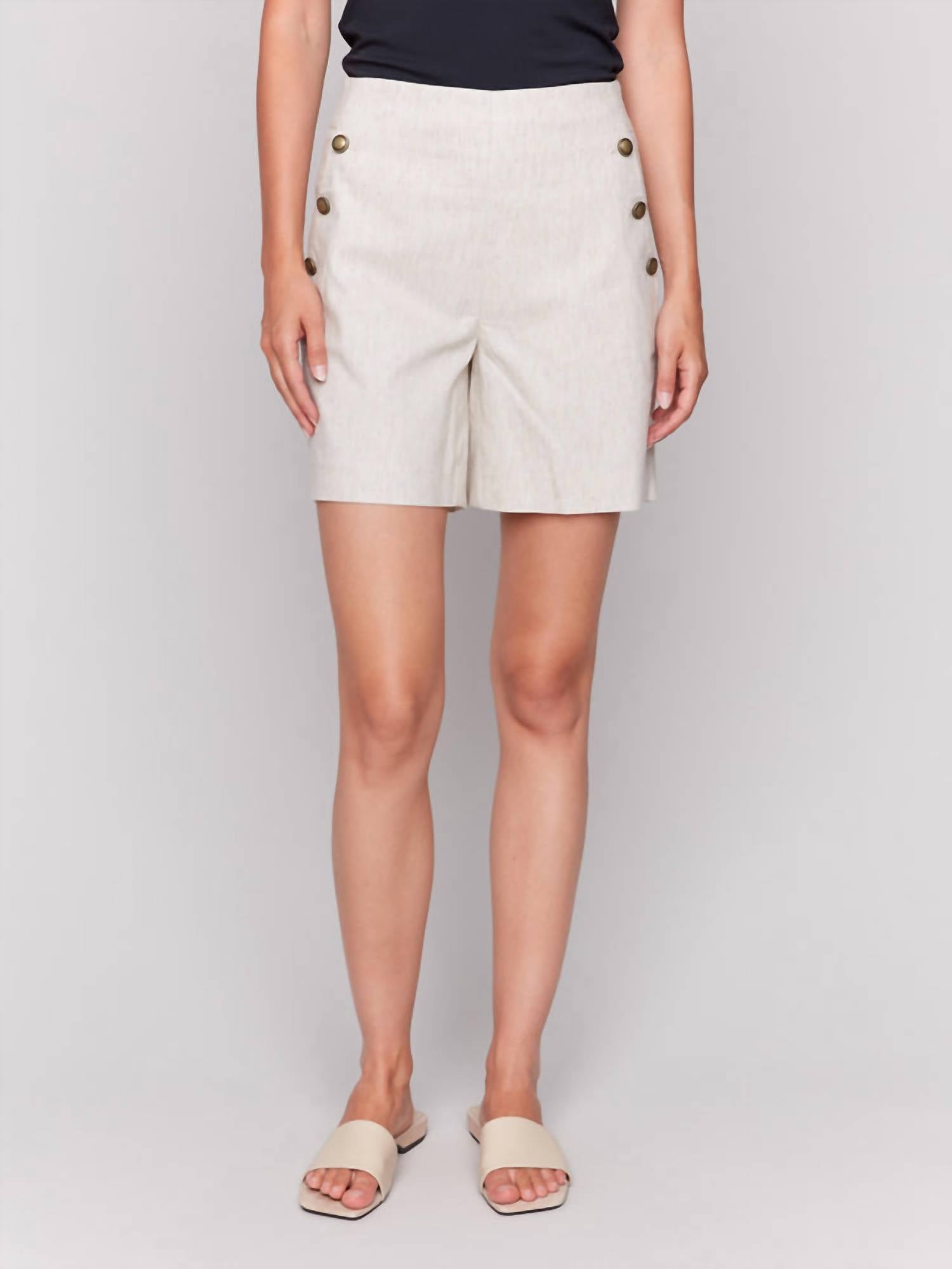 Charlie B - Linen Blend Stretch Shorts With Button Detail - beige - clothing - high - waist