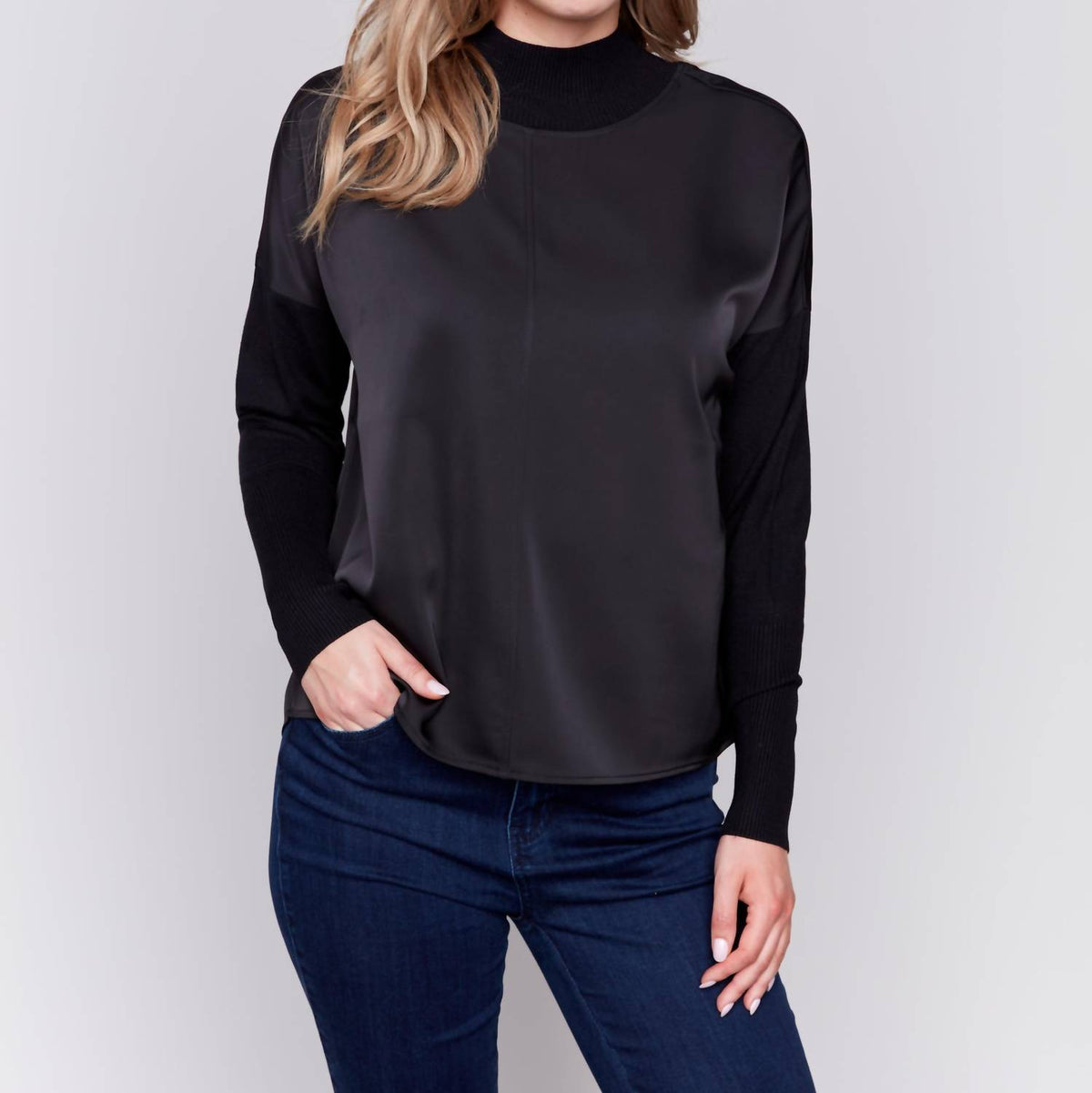 Charlie B - Mockneck Satin-knit Combo Top