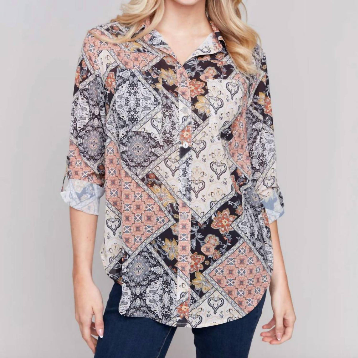 Charlie B - Paisley Button Three Quarter Sleeve Blouse