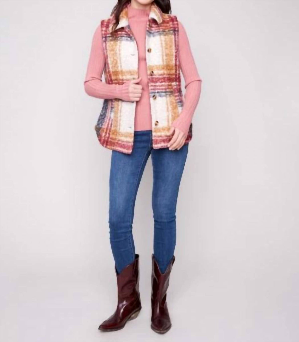 Charlie B - Plaid Bouclé Knit Vest - Plus