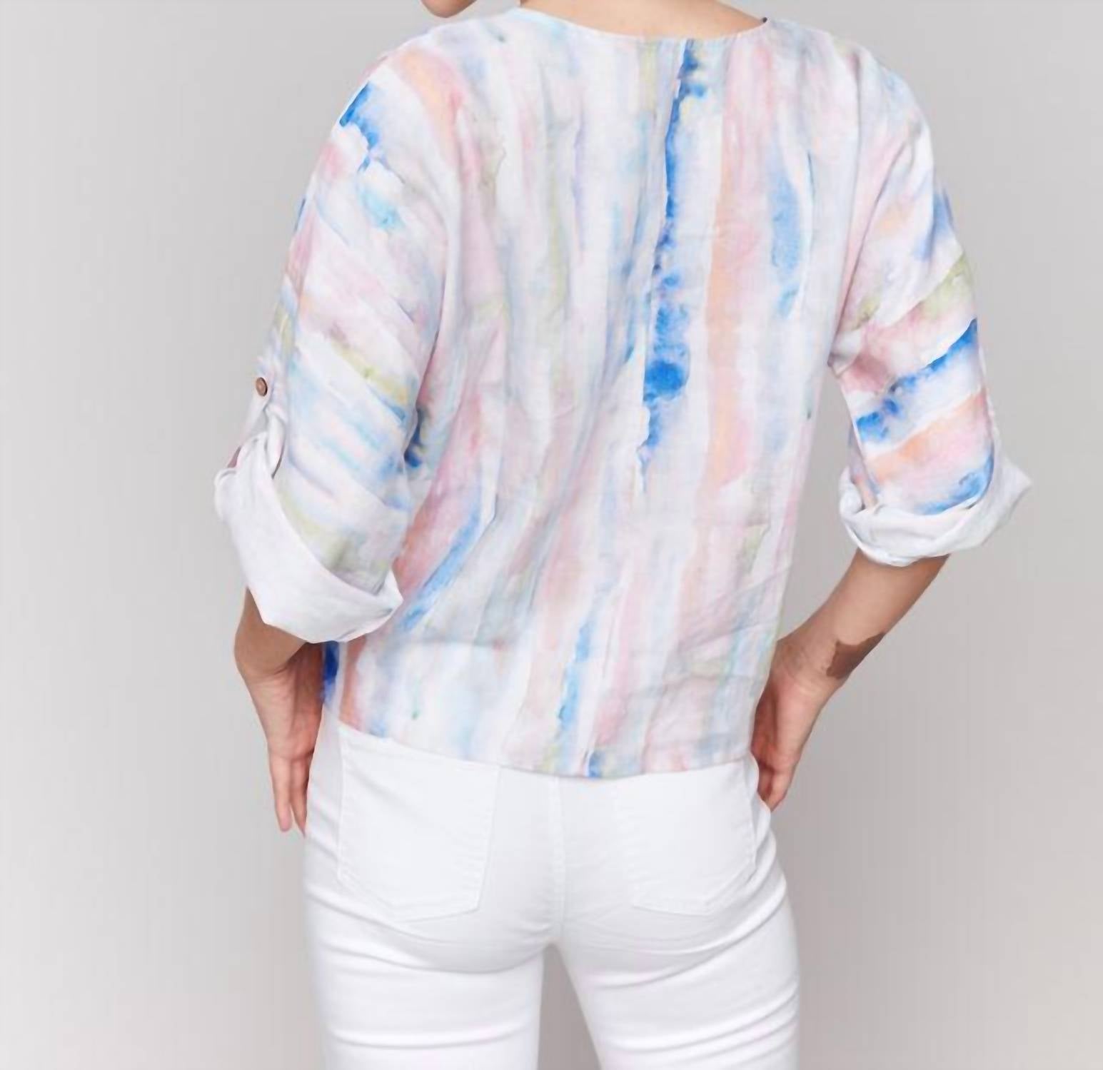 Charlie B - Printed 3/4 Sleeve Top With Front Tie - blouses - clothing - patterned