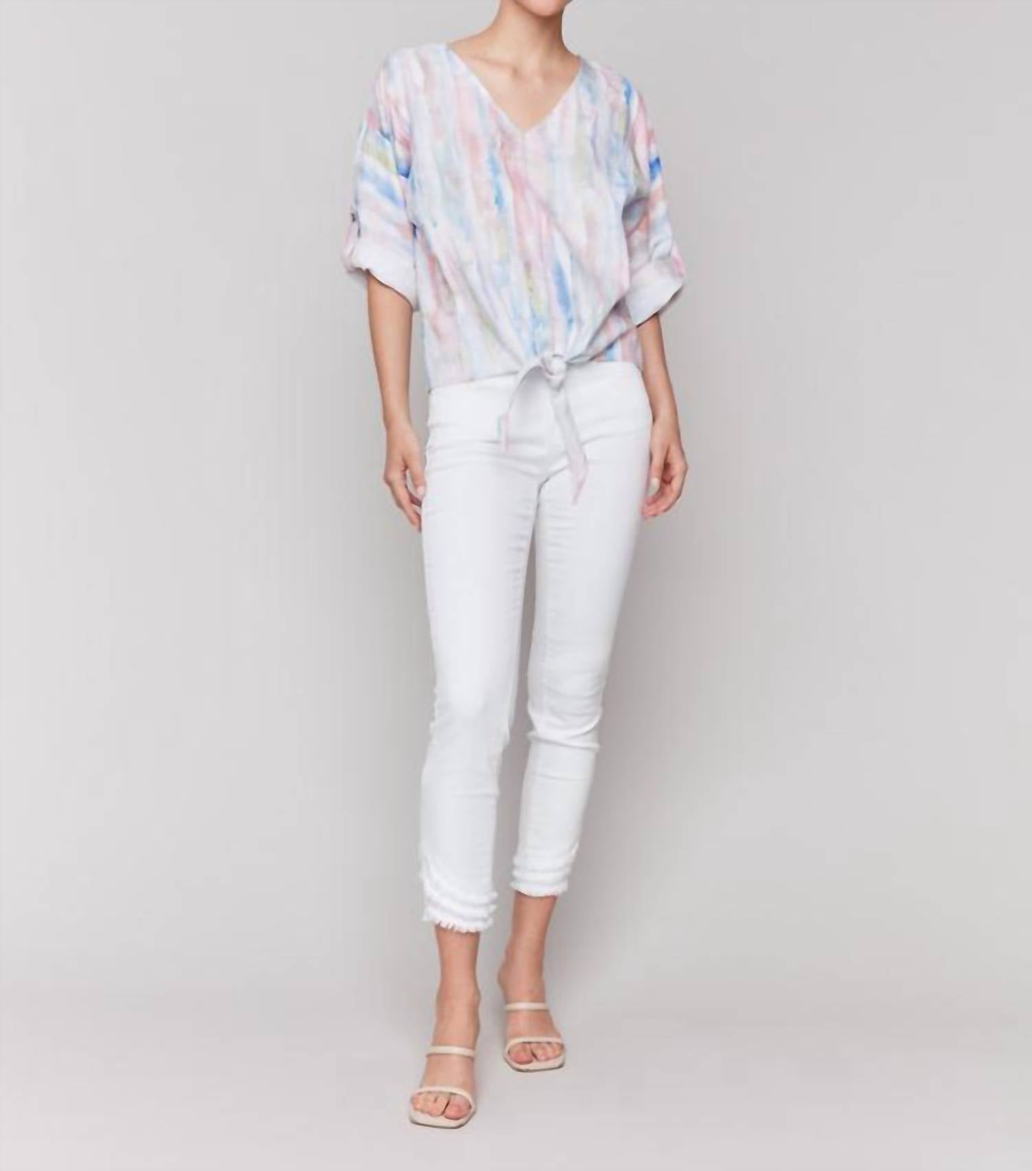 Charlie B - Printed 3/4 Sleeve Top With Front Tie - blouses - clothing - patterned