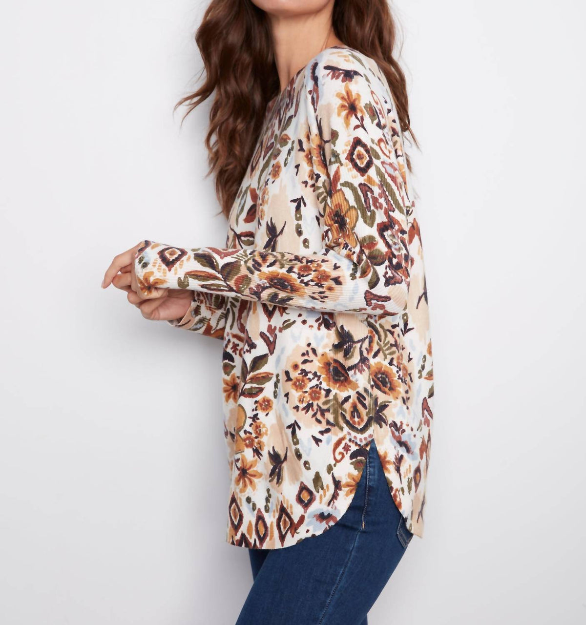 Charlie B - Printed Boat Neck Sweater With Pockets