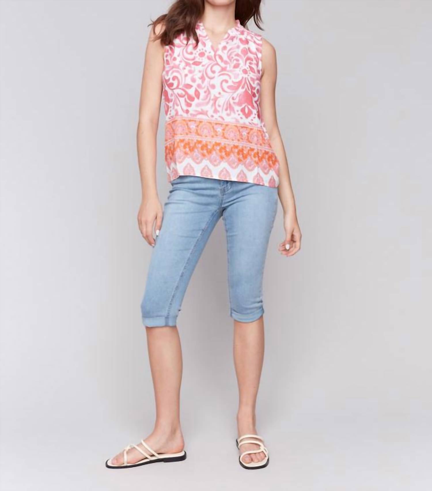 Charlie B - Printed Sleeveless Ruffle Neck Top - blouses - clothing - floral