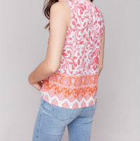 Charlie B - Printed Sleeveless Ruffle Neck Top - blouses - clothing - floral