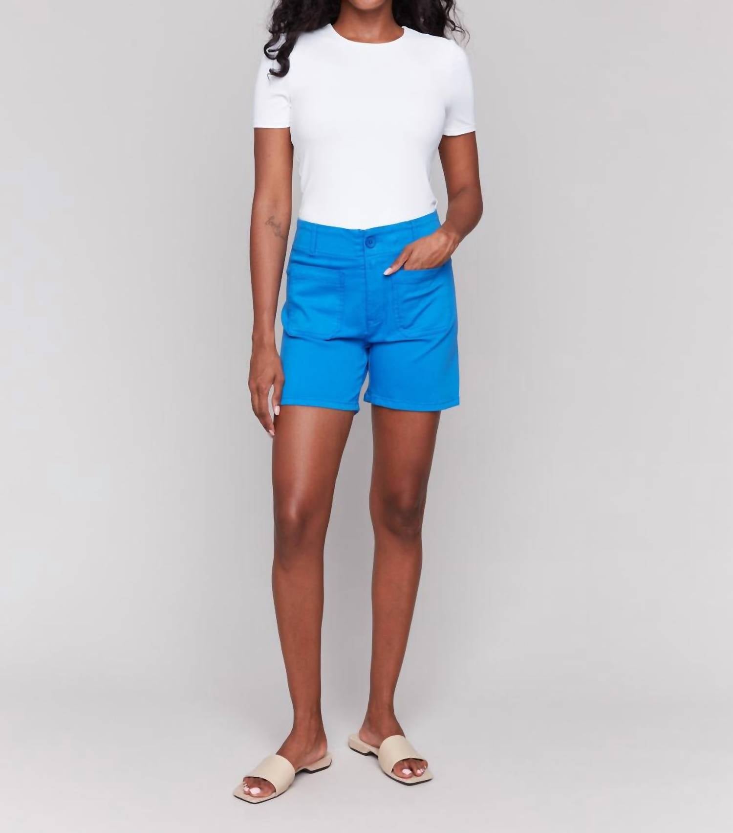 Charlie B - Twill Shorts With Patch Pockets - blue - clothing - cotton - blend