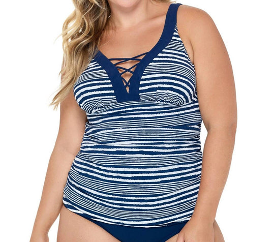 Christina Swimwear - Lace V - neck Tankini Top - Plus Size - bikinis - blue - clothing