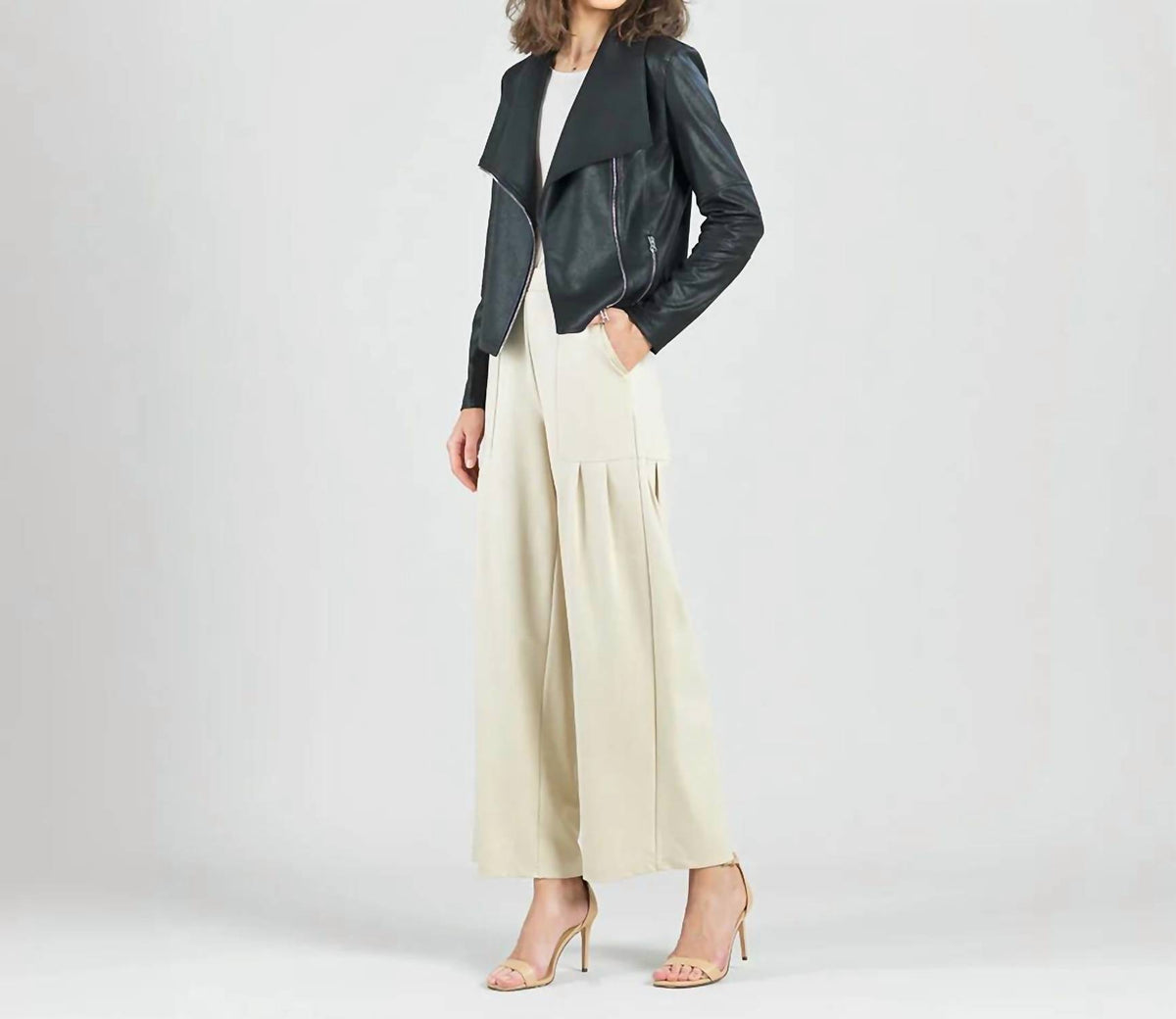 Clara S - Women's Liquid Leather Drape Neck Zip Jacket