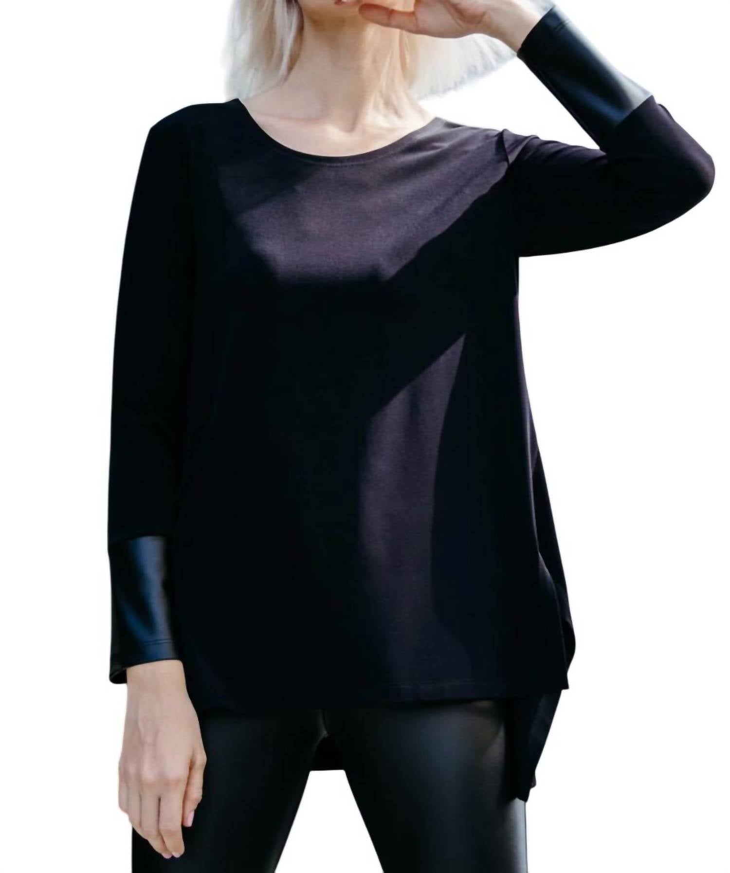 Clara Sunwoo - Parachute Hem Liquid Leather Cuff Tunic Top - black - clothing - shirts