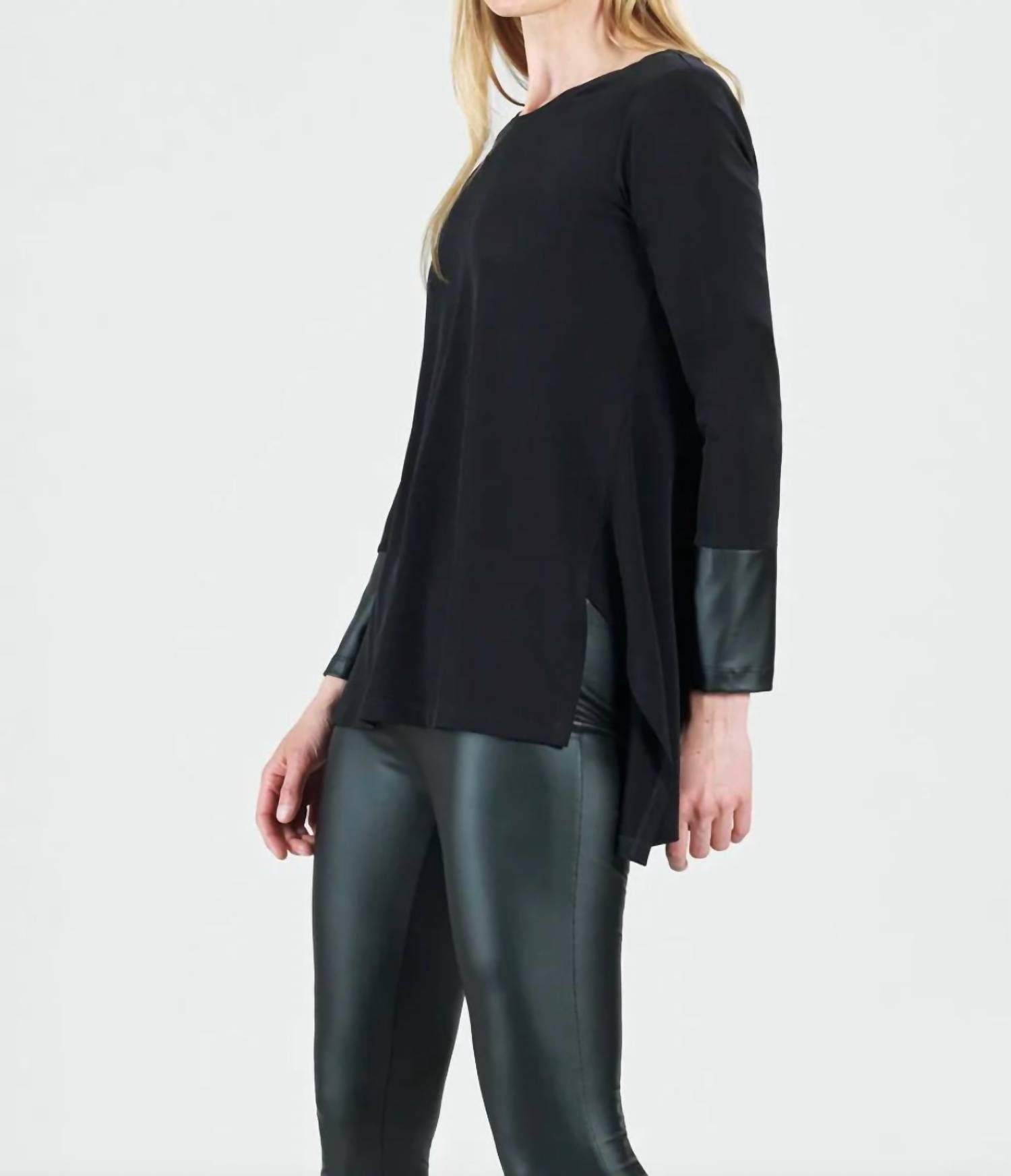 Clara Sunwoo - Parachute Hem Liquid Leather Cuff Tunic Top - black - clothing - shirts