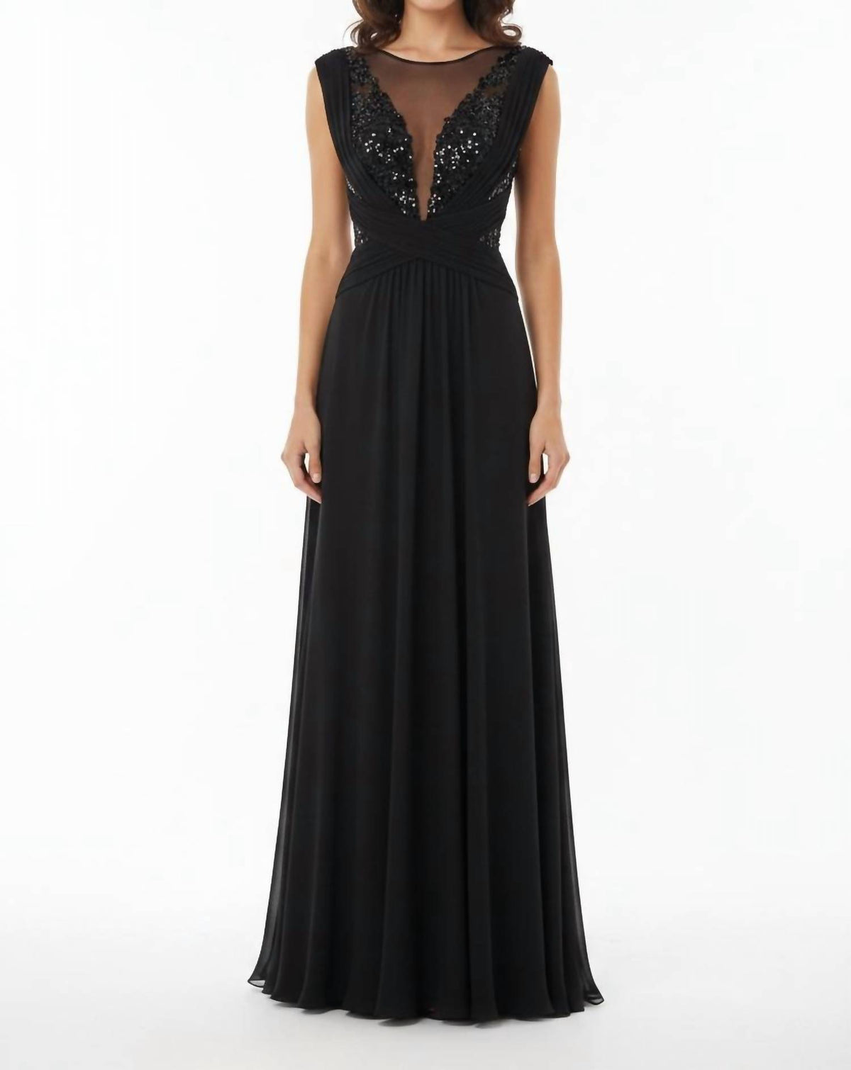 Clips - Sheer Illusion V-neckline Evening Dress