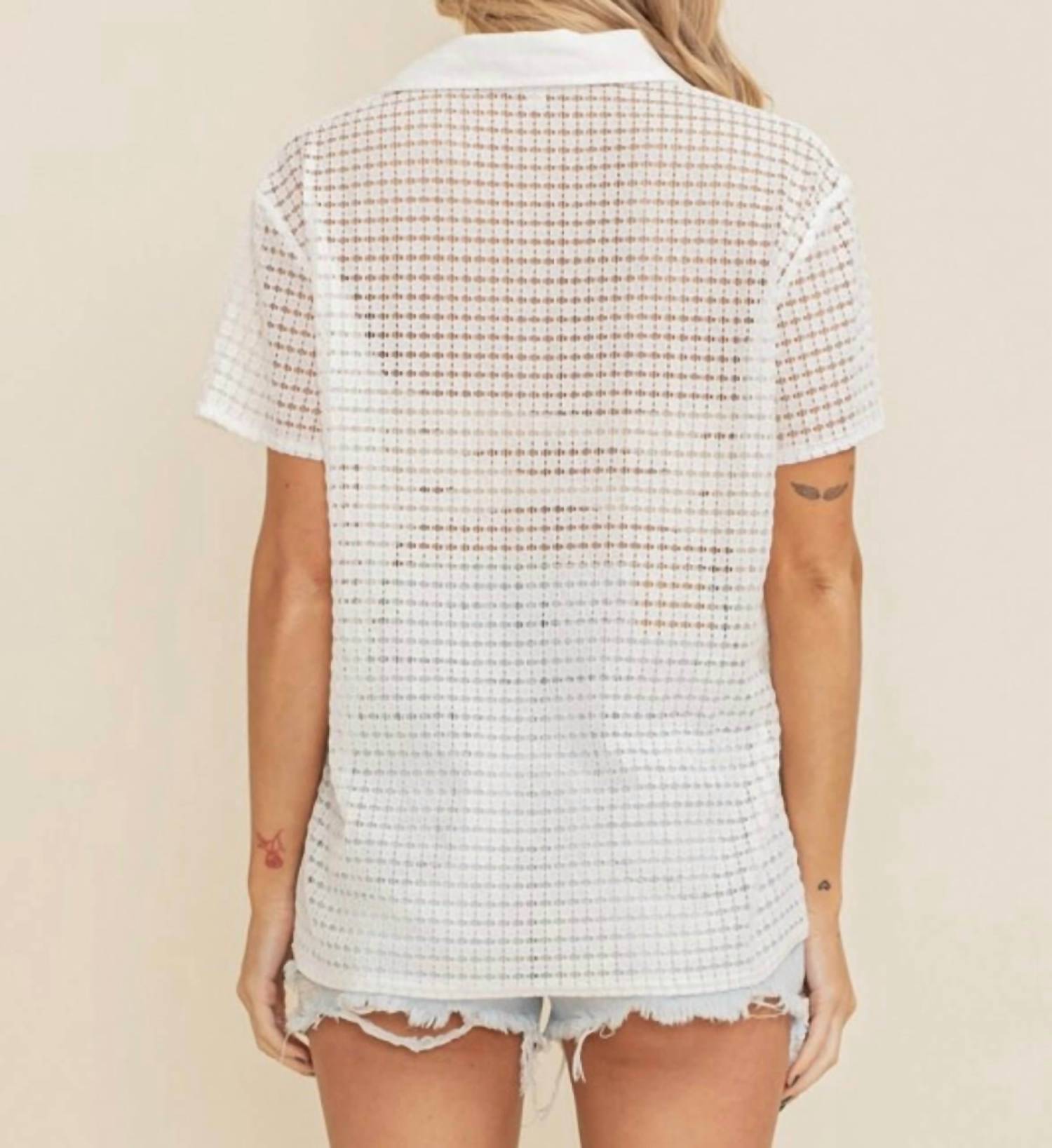 Cloud Ten - Ariana See Through Open Knit Button Down Blouse - button - down - shirts - clothing - cotton - blend