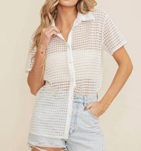 Cloud Ten - Ariana See Through Open Knit Button Down Blouse - button - down - shirts - clothing - cotton - blend