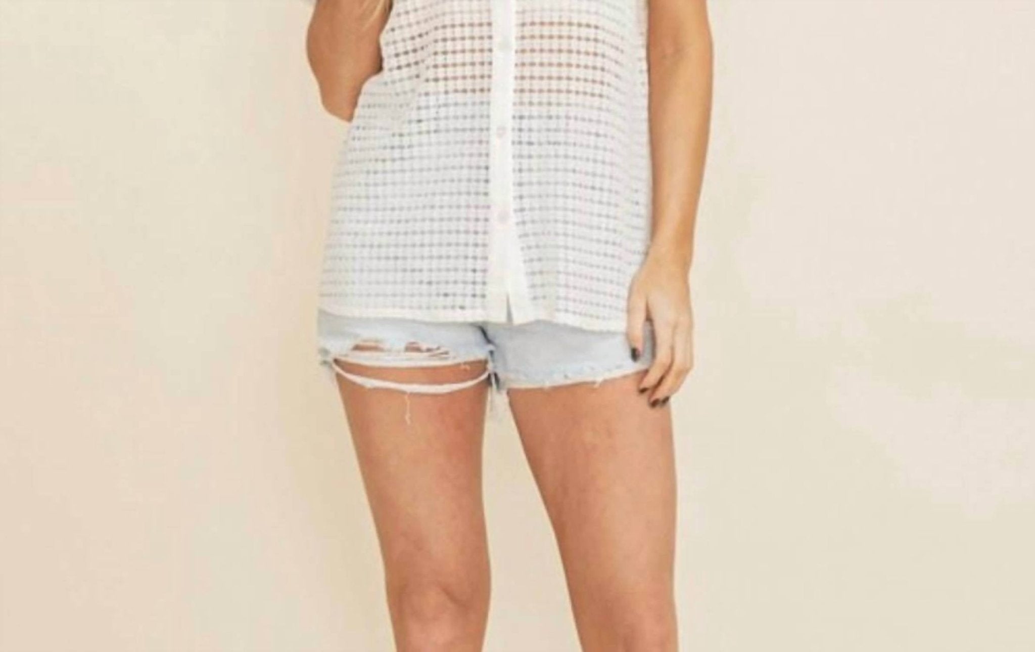 Cloud Ten - Ariana See Through Open Knit Button Down Blouse - button - down - shirts - clothing - cotton - blend