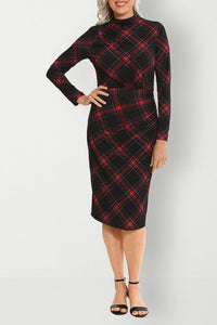 Clover And Sloane - Plaid Ruched Mock Neck Midi Dress - clothing - dresses - midi
