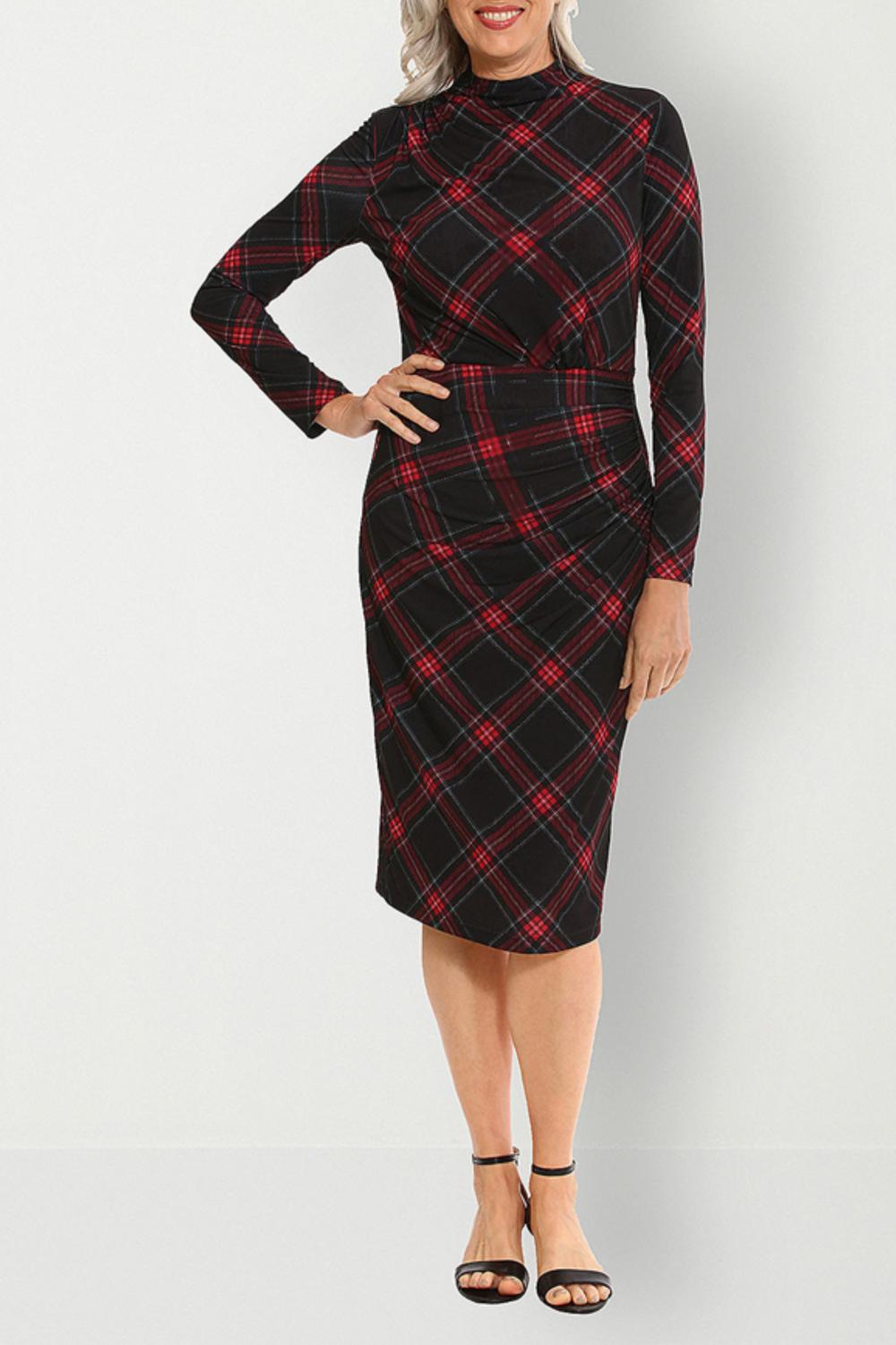 Clover And Sloane - Plaid Ruched Mock Neck Midi Dress - clothing - dresses - midi