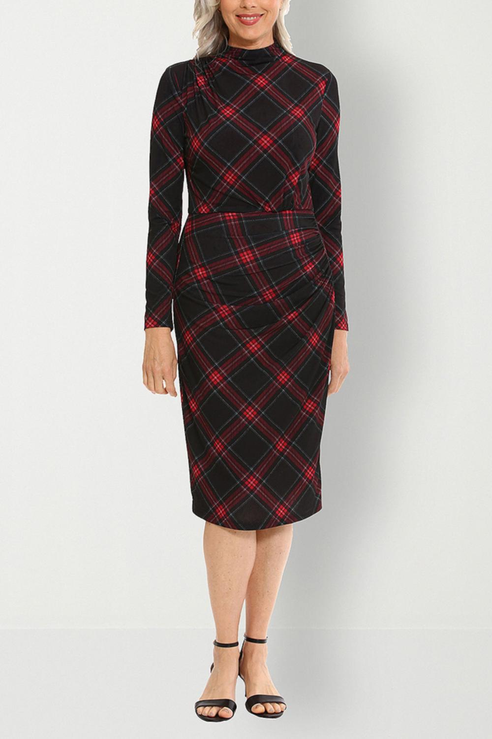 Clover And Sloane - Plaid Ruched Mock Neck Midi Dress - clothing - dresses - midi