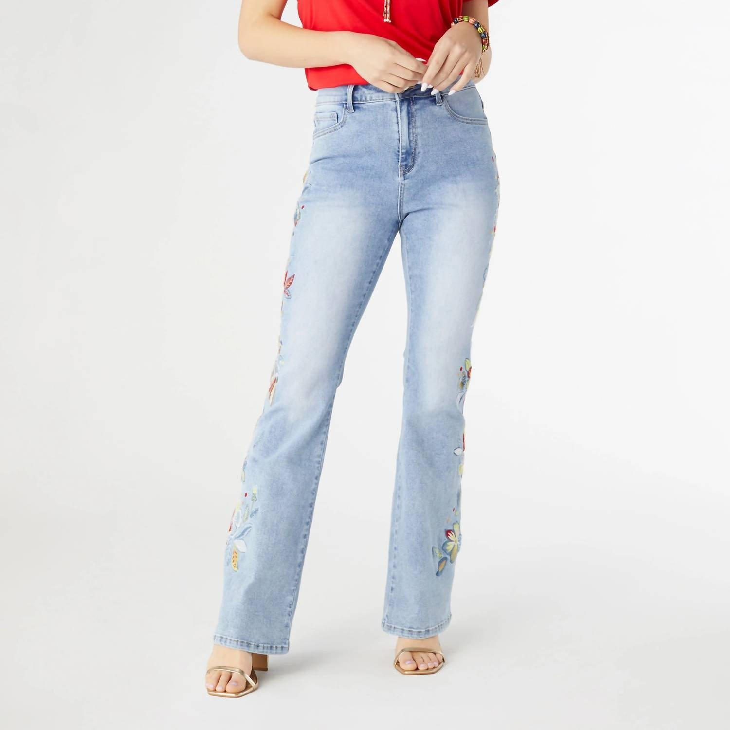 Coco + Carmen - Everstretch Flare With Bright Color Embroidery Jeans - blue - clothing - cotton - blend