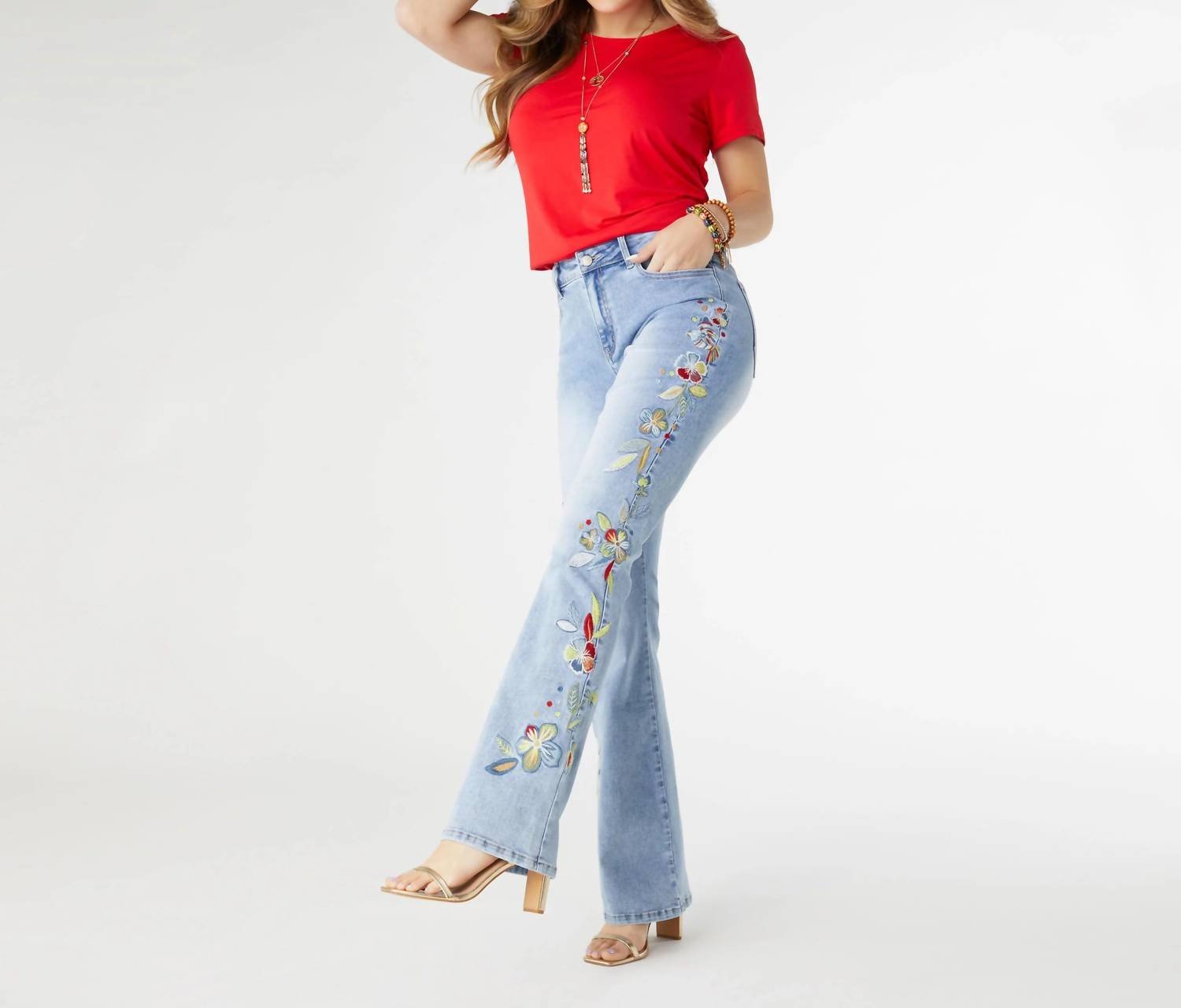 Coco + Carmen - Everstretch Flare With Bright Color Embroidery Jeans - blue - clothing - cotton - blend