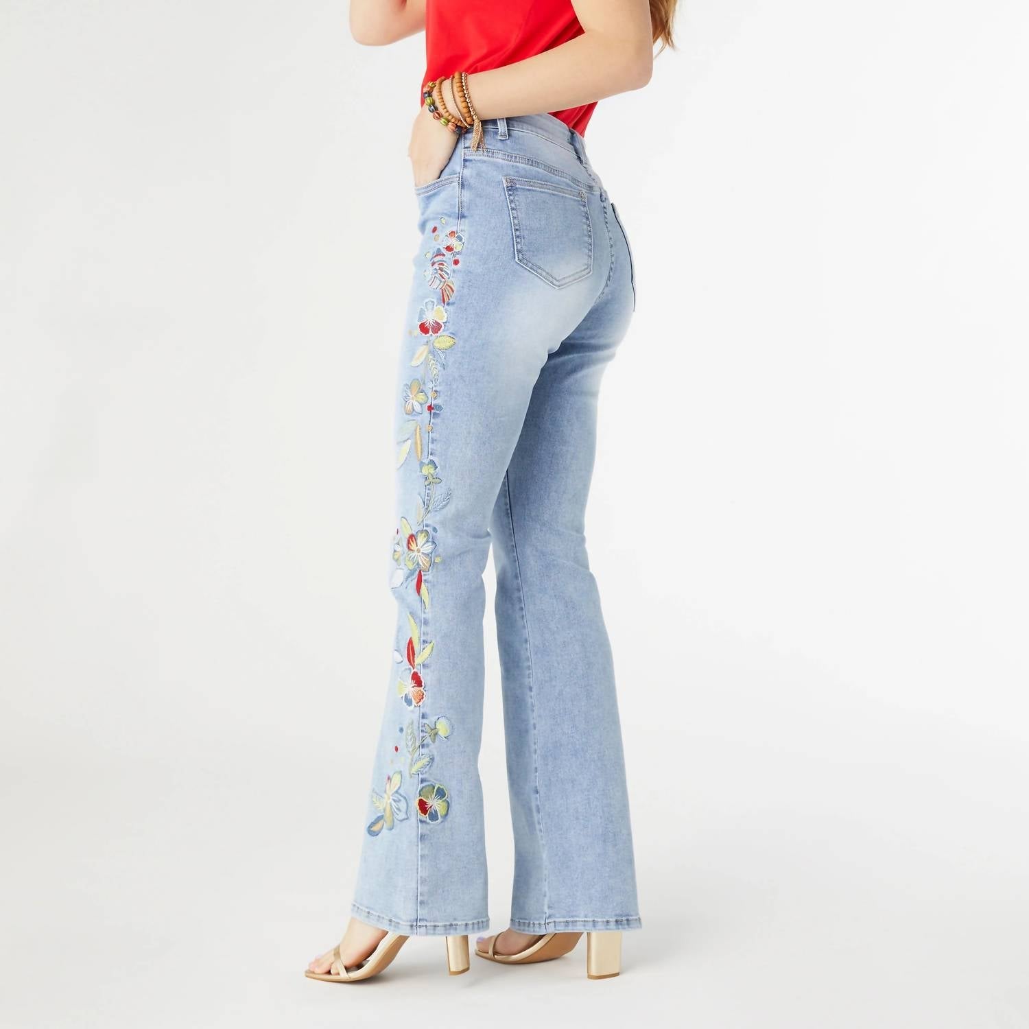 Coco + Carmen - Everstretch Flare With Bright Color Embroidery Jeans - blue - clothing - cotton - blend