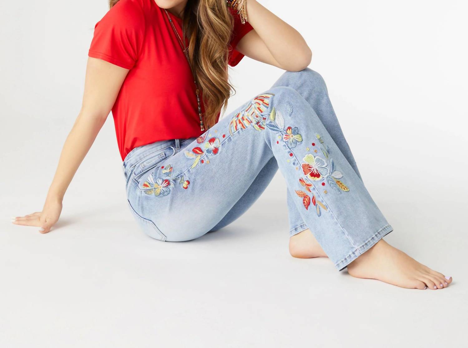 Coco + Carmen - Everstretch Flare With Bright Color Embroidery Jeans - blue - clothing - cotton - blend