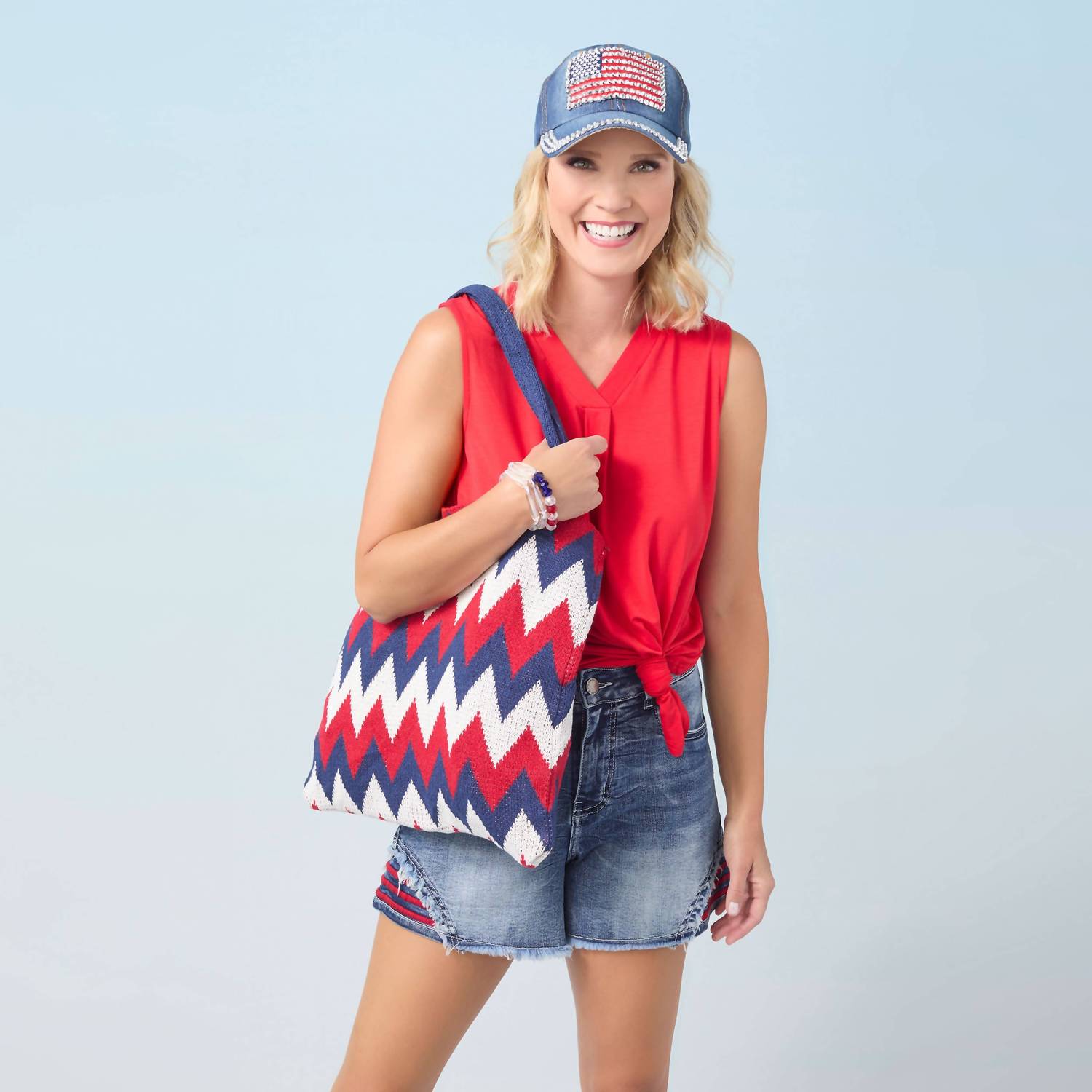 Coco + Carmen - Patriotic Americana Stripes Knit Shopper Tote Bag - bags - blue - handbags