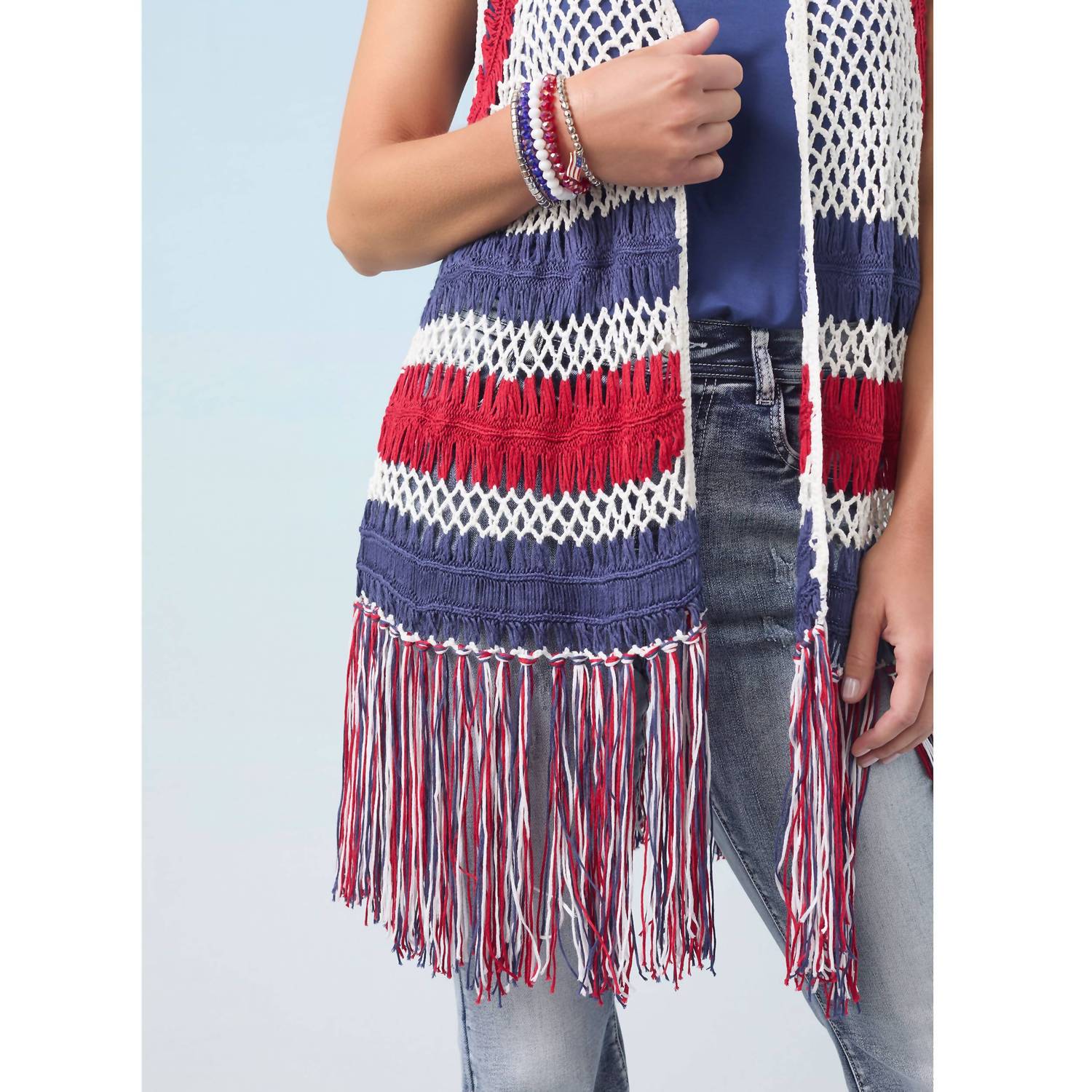 Coco + Carmen - Victory Cotton Crochet Fringe Vest Americana Patriotic - clothing - cotton - jackets