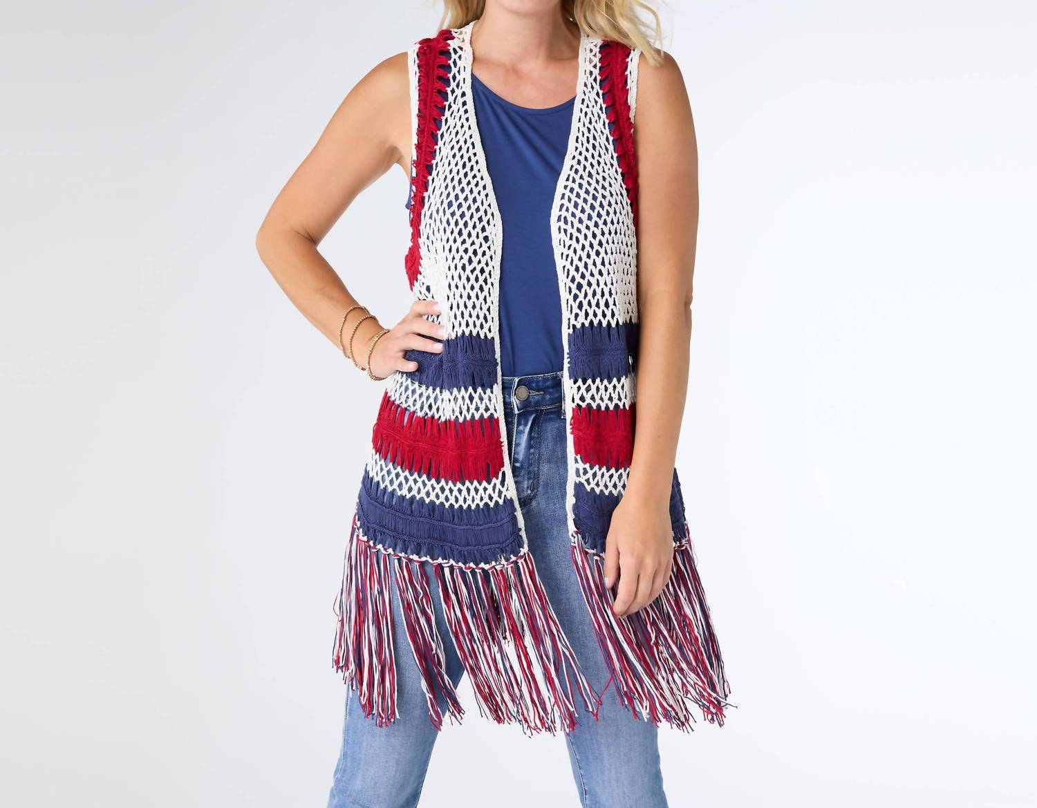 Coco + Carmen - Victory Cotton Crochet Fringe Vest Americana Patriotic - clothing - cotton - jackets