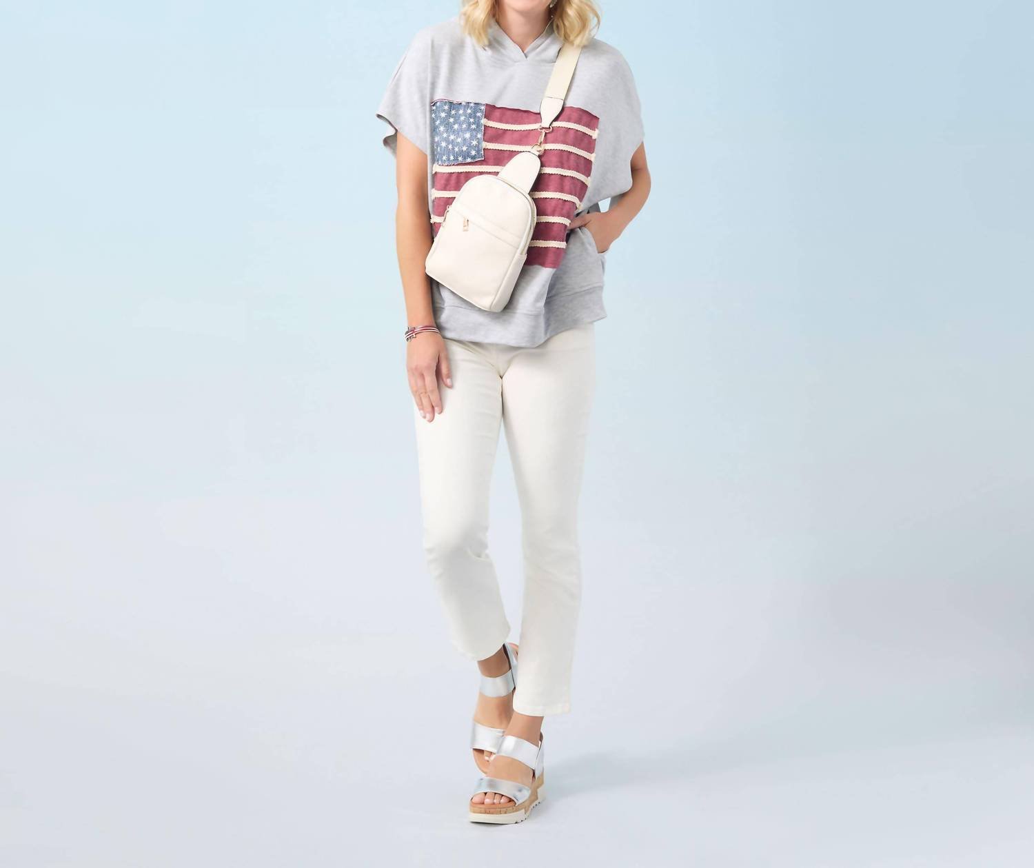 Coco + Carmen - Vintage Look Americana Patriotic Hooded Top - clothing - graphic - grey