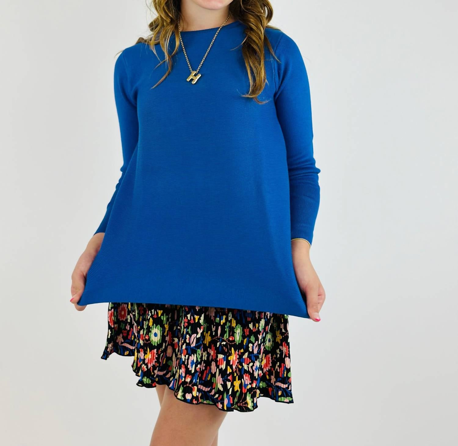 Compania Fantastica - Girl's Boxy Knit Sweater - blue - clothing - kids